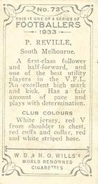 1933 Wills's Victorian Footballers (Small) #73 Peter Reville Back